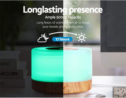 Devanti Aroma Diffuser, 500ml Wood Air Humidifier Purifier Essential Oils Car Airs Freshener Vaporizer Aromatherapy Diffusers Scent Booster Home Office Bedroom Humidifiers Steam, 7 LED Light