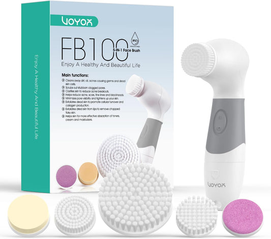 VOYOR 5-IN-1 Face Brush Exfoliation Facial Brush Microdermabrasion Pore Minimizer Pedicure Dead Skin Remover Makeup Remover Brush Body Cleansing Brush for Acne Blackhead Treatment Skin Care FB100