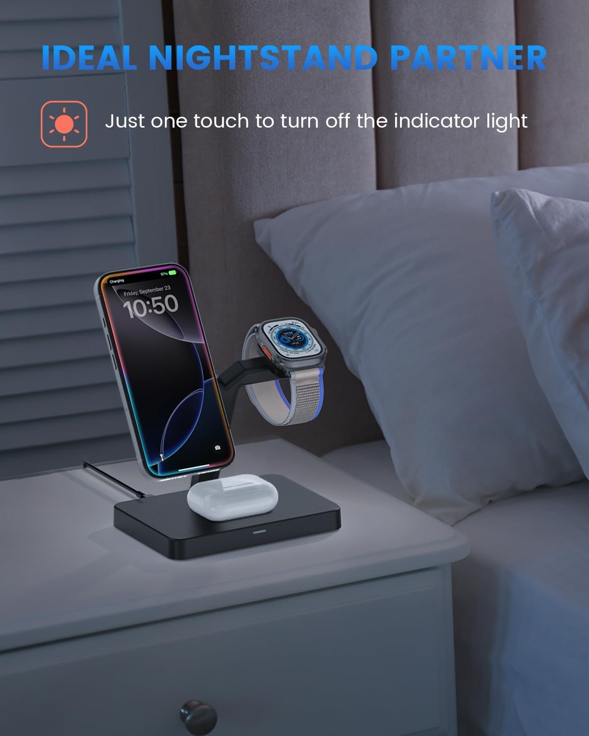 GEEKERA Magnetic 3 in 1 Wireless Charging Station, Fast Wireless Charger Stand Dock, Wireless Charger for iPhone 16/15/14/13/12 Pro Max, Apple Watch 9/8/7/6/SE/5/4/3/2, AirPods 3/2/Pro