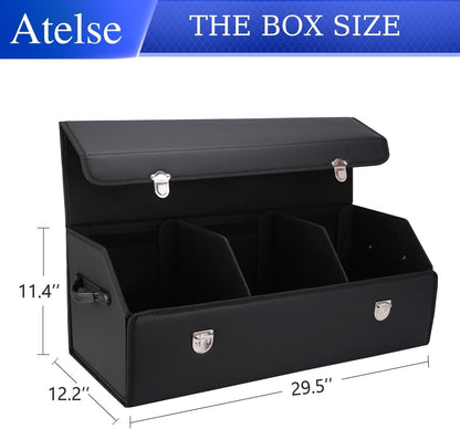 Atelse Modern, Functional Leather Car Trunk Organizer - Large (74.93 cm L x 30.99 cm W x 10.16 cm H) - 3 Compartments - Black - Waterproof - Collapsible, Customizable - SUV & Car Trunk Storage Box