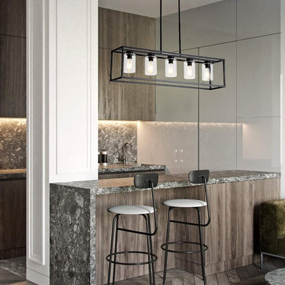 USOR 5 Lights Chandelier Hanging Light Fixture Morden Rectangle Pendant Lights with Clear Glass Shade Fashionable Ceiling Light for Dining Room Kitchen Island Black Color