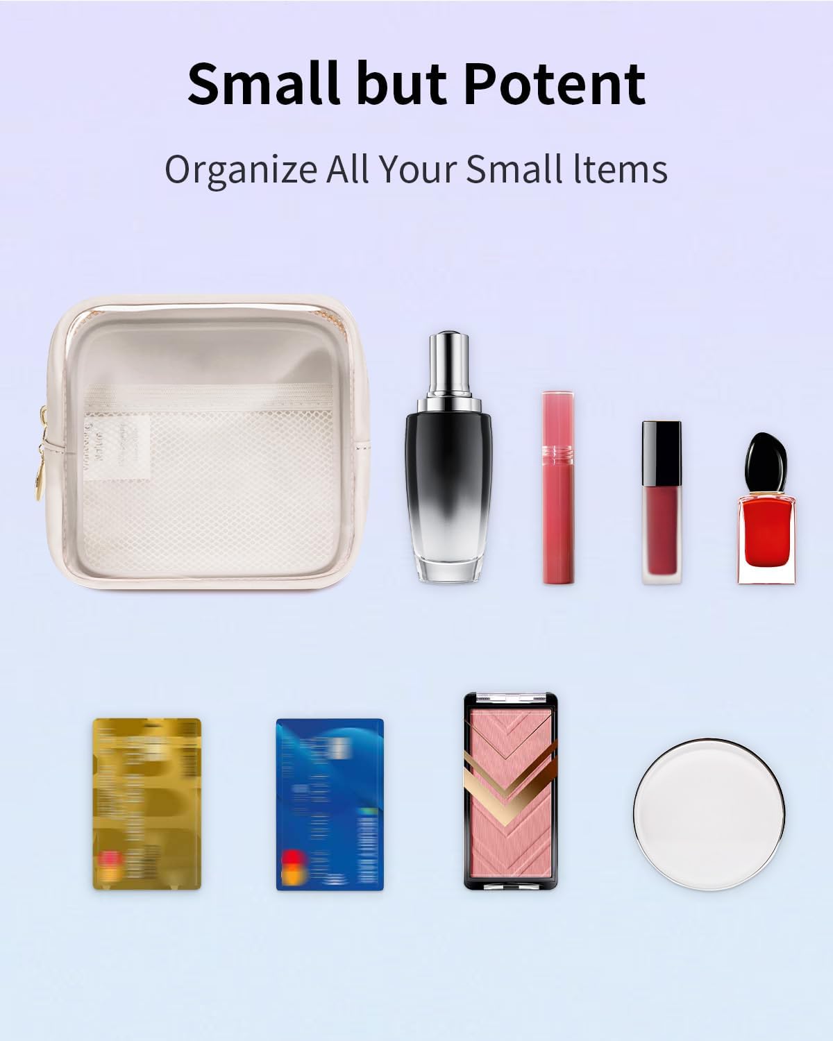 Wandering Nature Clear Makeup Bag for Purse Mini Make up Cute Cosmetic Bag Pouch for Women with Slip-in Pockets Travel Toiletry Essentials Eco Vegan Leather Organizer Bags(Patent Pending), Beige,