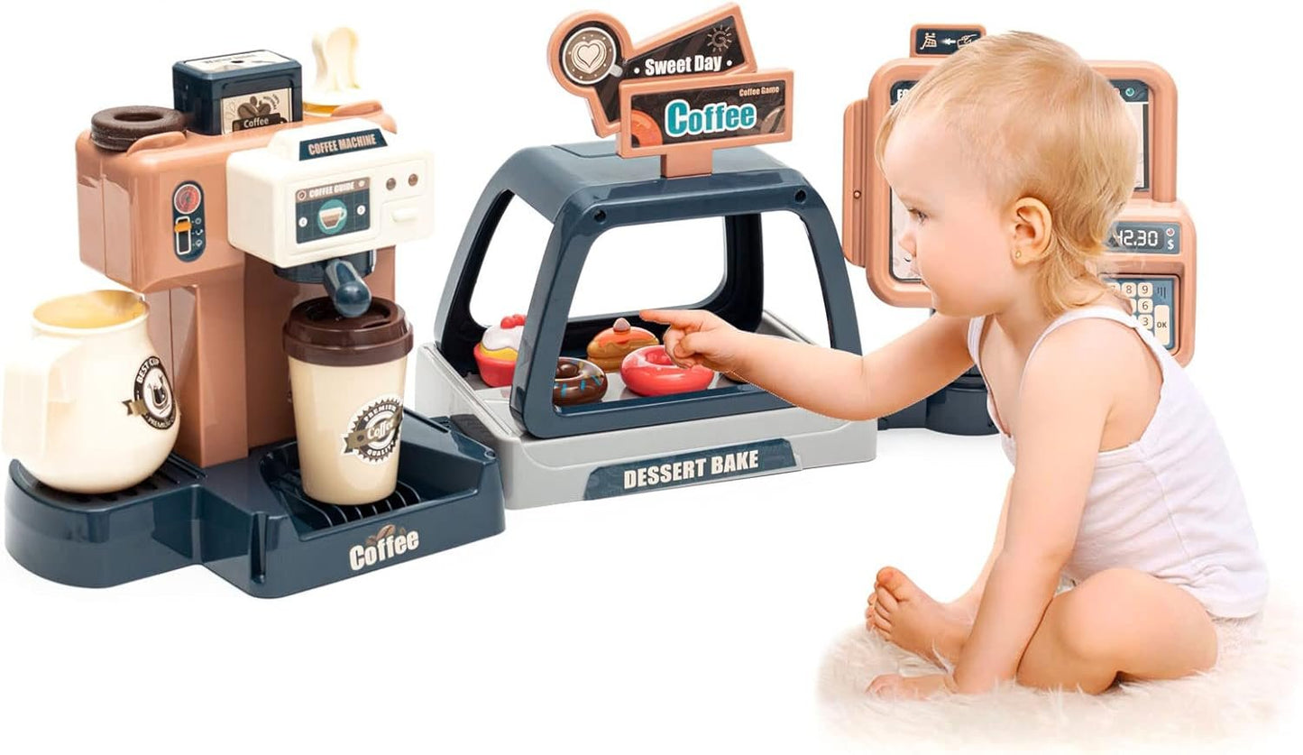 Pretend Role Play Toy Coffee Shop for Boys and Girls with Coffee Maker Machine and Fake Donuts 41Pcs (coffe2)