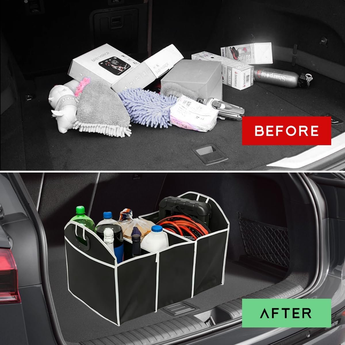 JUSTTOP Car Trunk Organizer, Portable Foldable Trunk Storage Container with 3 Compartments, Waterproof Large Capacity Cargo Trunk Organizer for Sedan Truck SUV, Car Accessories