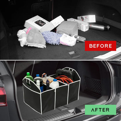 JUSTTOP Car Trunk Organizer, Portable Foldable Trunk Storage Container with 3 Compartments, Waterproof Large Capacity Cargo Trunk Organizer for Sedan Truck SUV, Car Accessories
