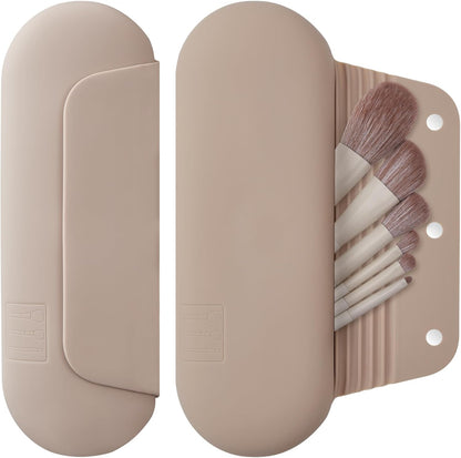AGIKET Silicone Makeup Brush Holder Travel Cosmetic Bag：Soft Portable Cosmetic Face Brushes Holder with Upgrade Anti-Fall Out Magnetic Closure, Large Travel Makeup Brush Case - Walnut
