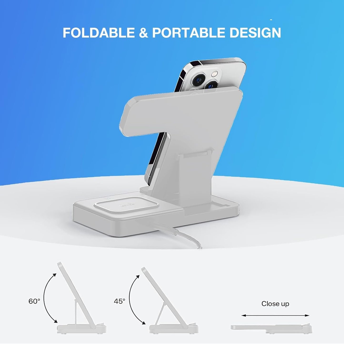 3 in 1 Wireless Charger Station Compatible with Apple Phones, iWatch, Airpods, 15W Portable Wireless Charger Stand with Adapter, White
