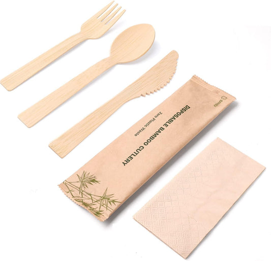 Bamboo Cutlery Set Napkins-58 Pack Individually Wrapped (6.7" 58 Spoons 58 Forks 58 Knives 58 Napkins) Disposable Travel Dinnerware Compostable Biodegradable Fork Knife Spoon and Napkin