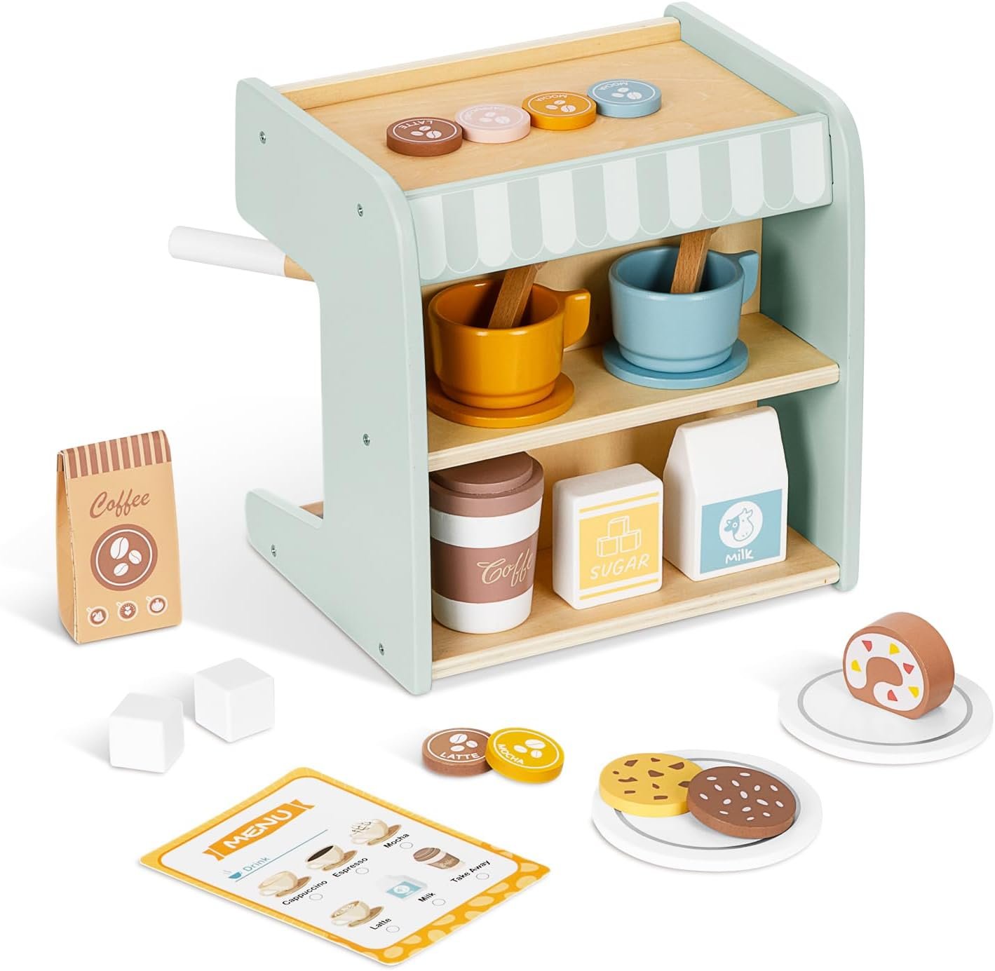 OOOK 2-in-1 Kids Wooden Toy Coffee Maker Playset, Toddler Pretend Play Kitchen Food Small Coffee Shop with 28 Pcs Play Kitchen Accessories for Girls & Boys