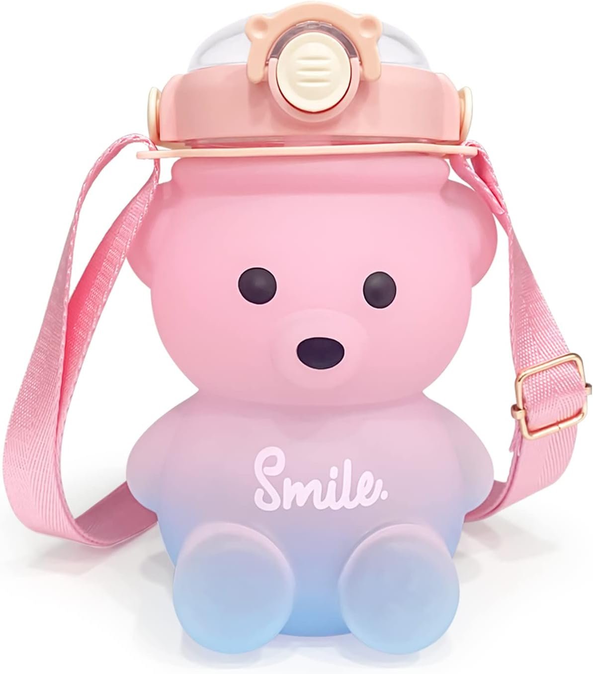 UPZAI Cute Bear Water Bottle: 32oz Kawaii Kids Water Bottles with Strap and Straw - Leak-proof Plastic Drinking Cups for Girls Women School Sports Camping Picnic Hiking Travel (Pink-blue)