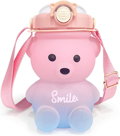UPZAI Cute Bear Water Bottle: 32oz Kawaii Kids Water Bottles with Strap and Straw - Leak-proof Plastic Drinking Cups for Girls Women School Sports Camping Picnic Hiking Travel (Pink-blue)