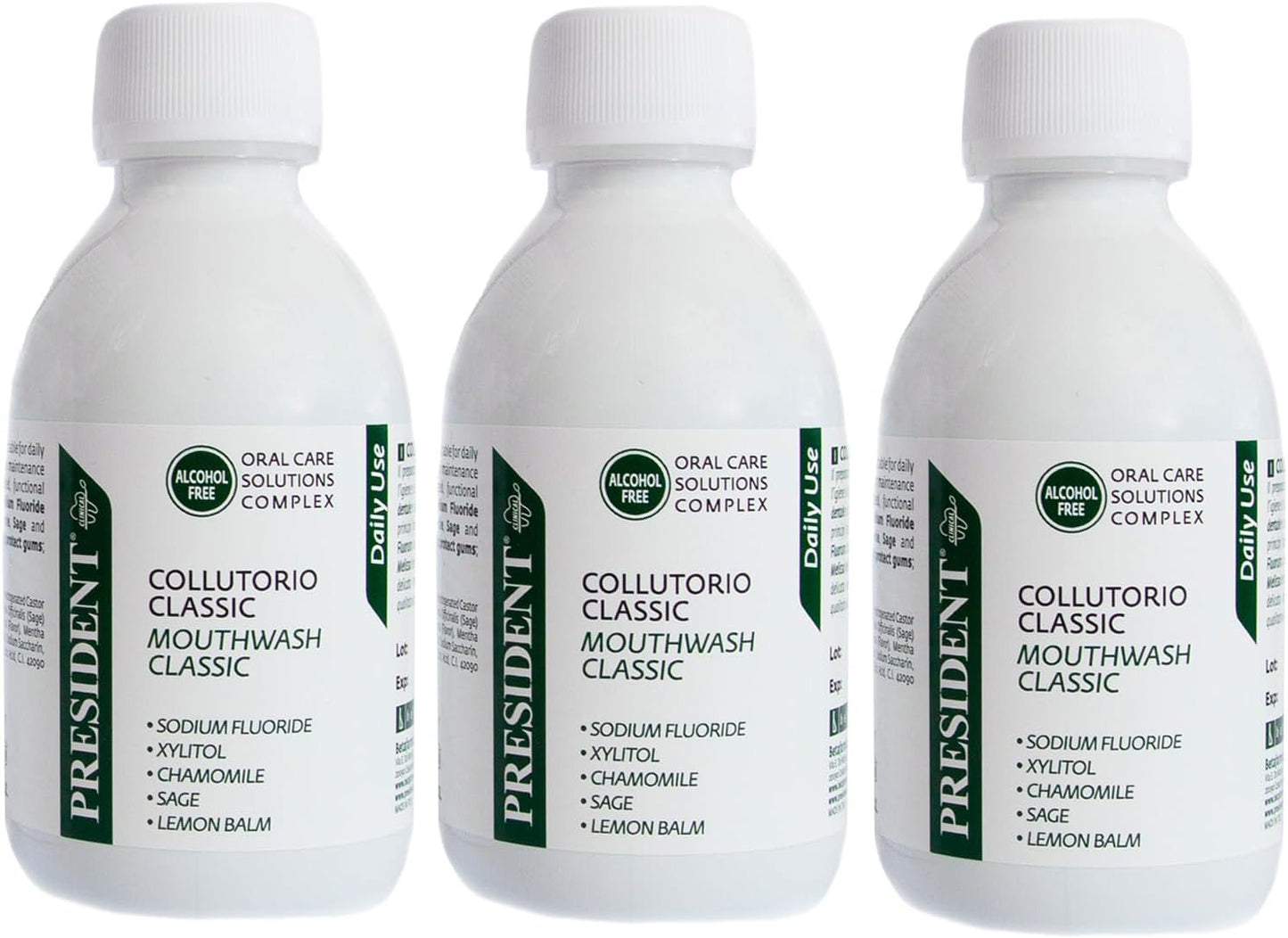 President Kit of 3 Classic Mouthwash for Daily Use, Anti Plaque and Anti Caries. Cooling Action Antihalitosis, 3 x 200 ml