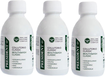 President Kit of 3 Classic Mouthwash for Daily Use, Anti Plaque and Anti Caries. Cooling Action Antihalitosis, 3 x 200 ml