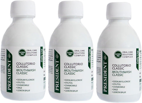 President Kit of 3 Classic Mouthwash for Daily Use, Anti Plaque and Anti Caries. Cooling Action Antihalitosis, 3 x 200 ml