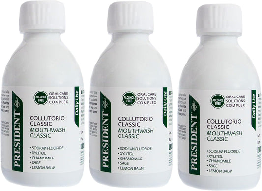 President Kit of 3 Classic Mouthwash for Daily Use, Anti Plaque and Anti Caries. Cooling Action Antihalitosis, 3 x 200 ml