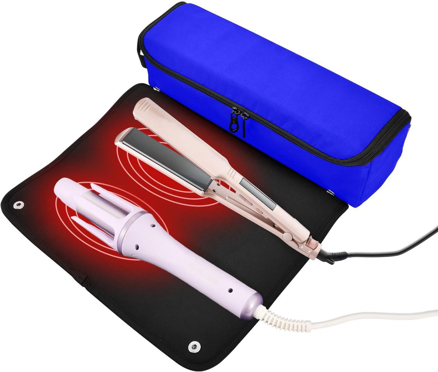 Custodia da viaggio per ferro arricciacapelli 2 in 1 blu brillante con tappetino in ferro impermeabile organizer da viaggio per strumenti caldi e accessori per la cura dei capelli portatili essenziali