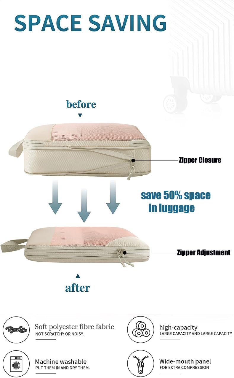 Compression Packing Cubes for Travel Suitcase Organizer Bags Set of 7 Travel Accessory Expandable Packing Organisers With Laundry Bag and Toiletry Bag (Beige)