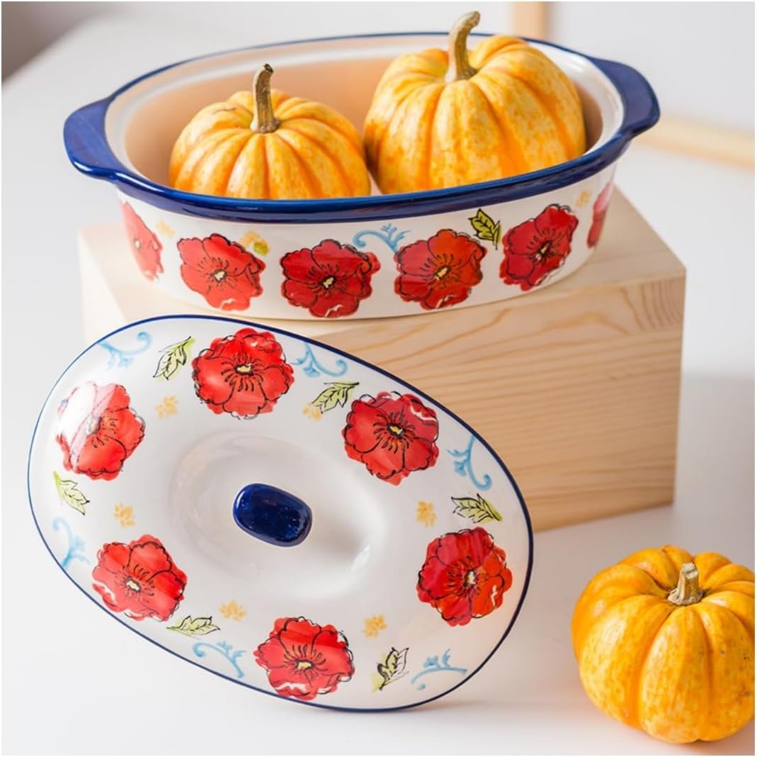 Floral Ceramic Casserole Dish with Lid,40oz Covered Rectangular Baking Dish,Deep Casserole Cookware Bakeware,Oven Safe and Dishwash Safe