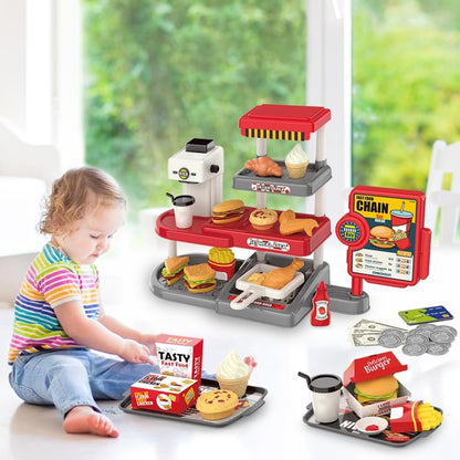 Pretend Play Fast Food Store Toy with Realistic Coffee Machine Card Reader Food Shop Playset with Simulate Hamburger Chips Sandwich etc Play Money Checkout Game for Kids