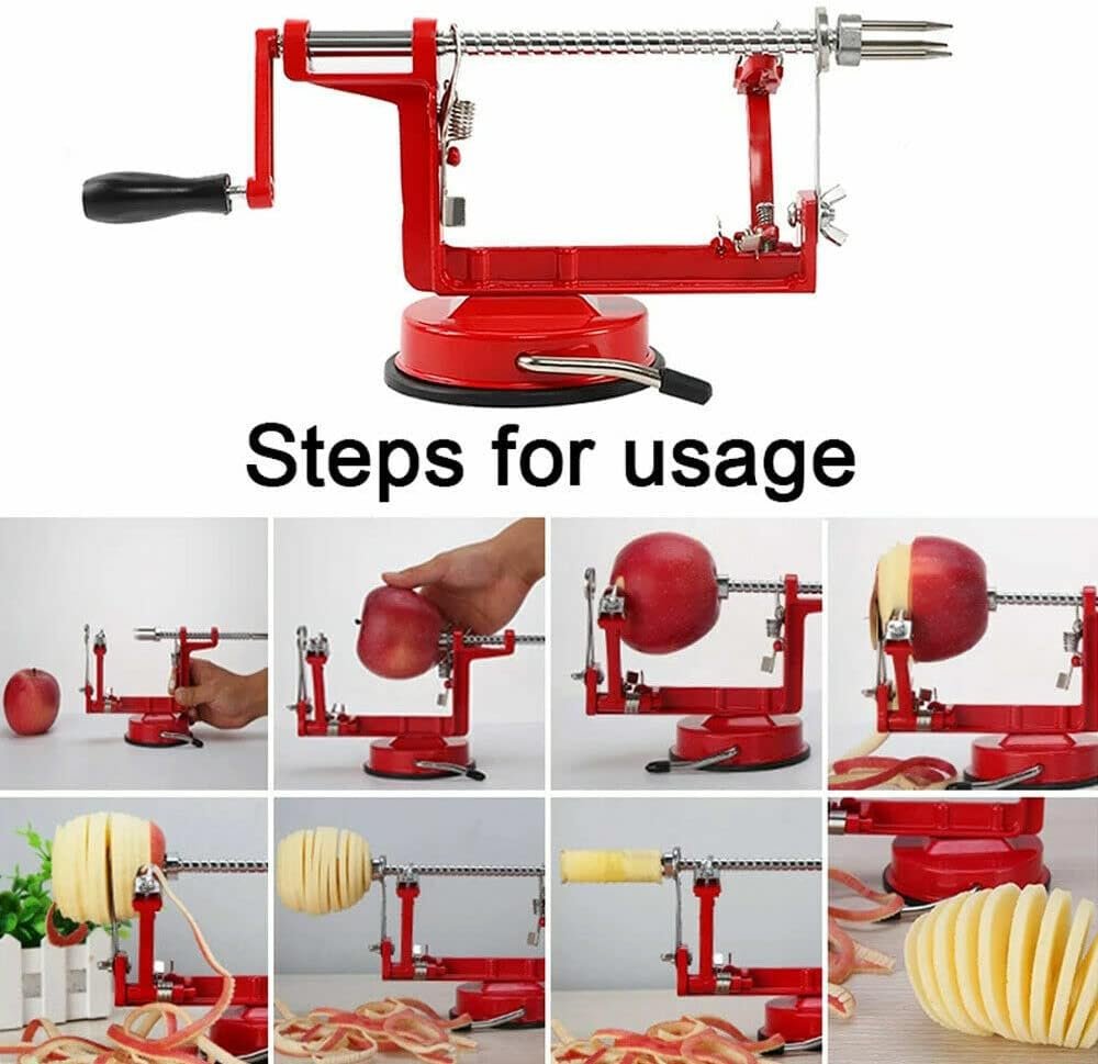LEDLabs Kitchen Tool Apple Peeler Slinky Machine Fruit Cutter Slicer Corer 3 in 1 Red Professional Fruit & Vegetable Peeler for Apples, Pears, Potatoes