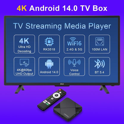 Android 14.0 TV Box, LEFFOT RK3518 4K UHD Streaming Media Player, 2GB RAM + 8GB ROM, Smart TV Box with HDR10, Voice Control, 2.4G & 5G WiFi 6, 100M Ethernet, BT 5.4, USB 3.0, RK3518 Quad Core A53
