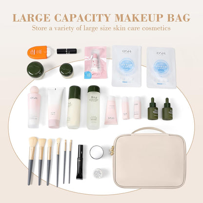 Makeup Bag, Small Travel Makeup Cosmetic Bag for Women, Portable Make up Brushes Holder Bag, Toiletry Bag, Compact Cosmetic Case Organizer, Beige