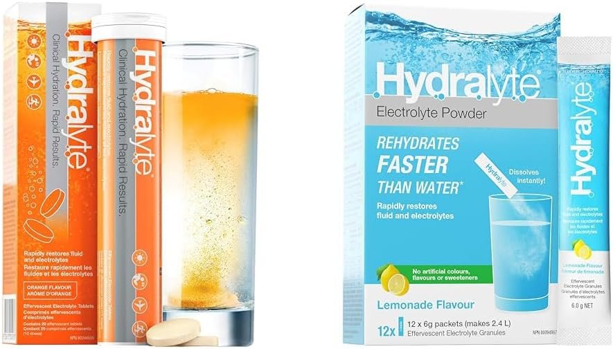 Hydralyte Effervescent Electrolytes Tablets - Orange 20 count + HydraLyte Electrolyte Powder, Lemonade Flavour (12 Servings)