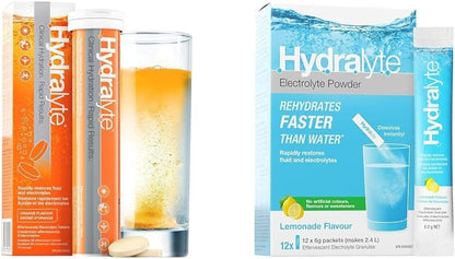 Hydralyte Effervescent Electrolytes Tablets - Orange 20 count + HydraLyte Electrolyte Powder, Lemonade Flavour (12 Servings)