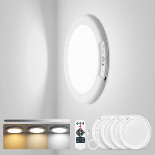 Combuh 4-Pack Battery Powered Motion Sensor Light, 7.48" IP44 Waterproof Shower Lamp Without Wiring, Ultra Thin 3 Colors Adhesive Overhead Lightting for Garage, Bedroom, Kitchen, Round