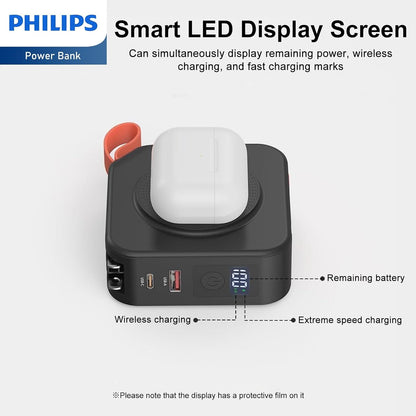 PHILIPS Power Bank Wireless 10000mAh 22.5W Powerbank Built-in Cable 10 in 1 Portable Battery Pack, Magnetic Universal Travel Fast Charging Adapter (UK,EU,AU) Compatible with MagSafe iPhone 16 MBlack