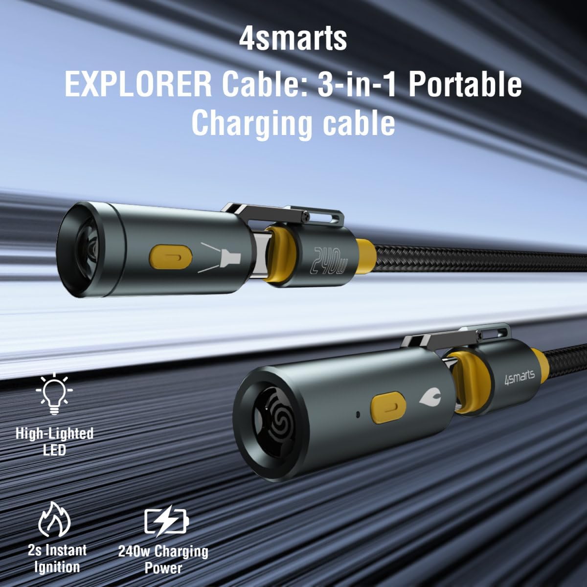 4smarts 3-in-1 Outdoor Explorer USB-C Cable with Emergency Light & Fire Starter | 240W Adventure Charging Cable with Survival Tools | 5ft/1.5m Rugged Design for Camping, Hiking & Travel | Black