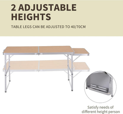 Outsunny 4ft Picnic Table with Slide Shelf Outdoor Portable Aluminum Folding Table 2 Adjustable Height Light-Weight Camping BBQ Party Dining Table w/Carrying Handle