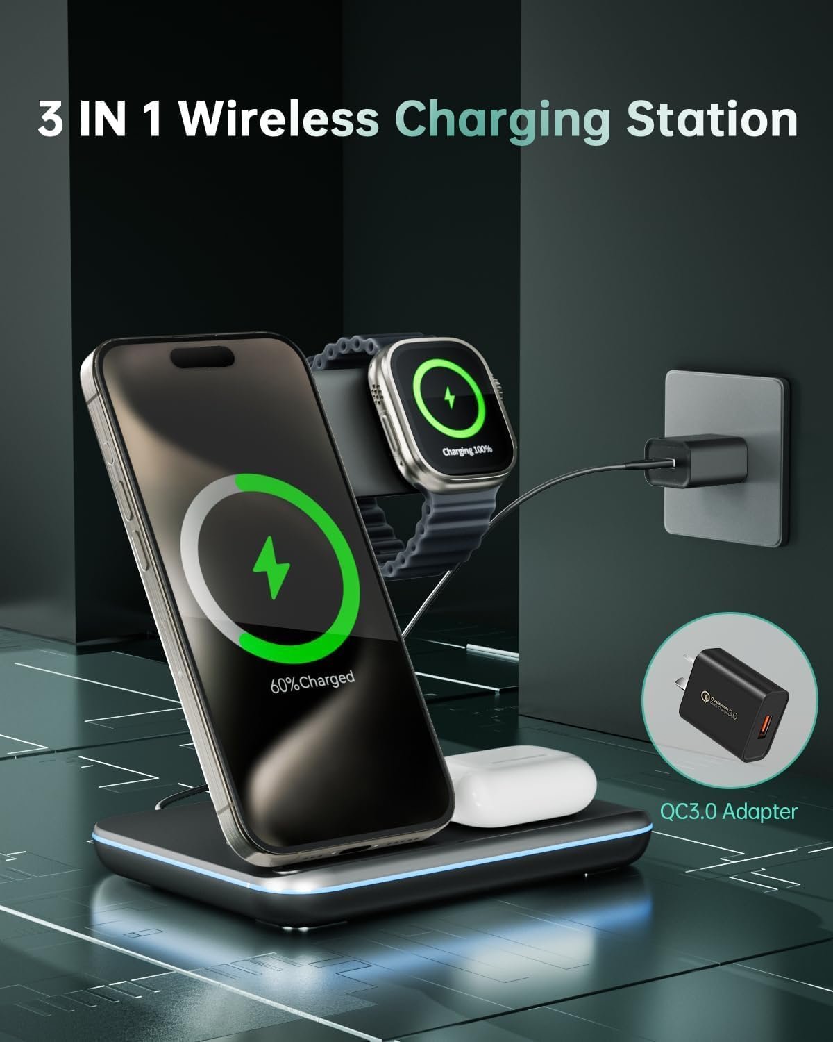 Dawntress 3-in-1 Wireless Charger for Apple, 15W Fast Wireless Charging Station, 3 in1 Wireless Charger Dock Compatible with iPhone 16/15/14, Airpods, Apple Watch, iWatch 10/9/8