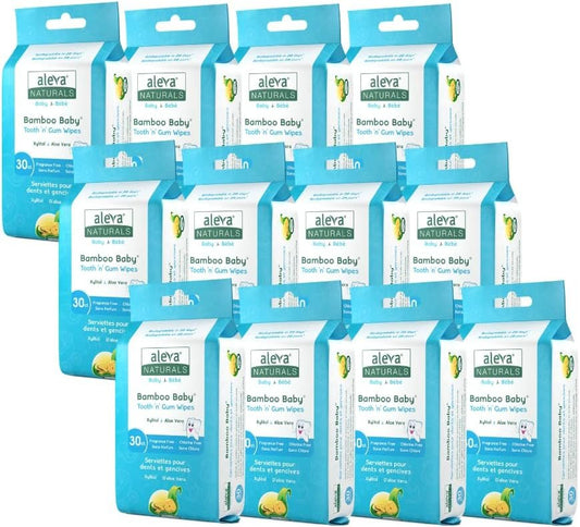 Aleva Naturals Bamboo Baby Tooth and Gum Wipes - Gentle and Easy to Use, Healthy Child Care, Natural and Vegan Wipes, Formulated with Xylitol- Mega Pack- 30 Count X 12 (360 Wipes Total)