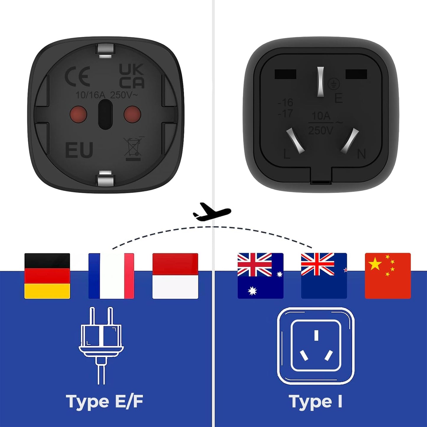 Oliveria Travel Adapter for Australia, Germany, China, Argentina, New Zealand - Type I - 2 Pieces - Black