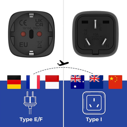 Oliveria Travel Adapter for Australia, Germany, China, Argentina, New Zealand - Type I - 2 Pieces - Black