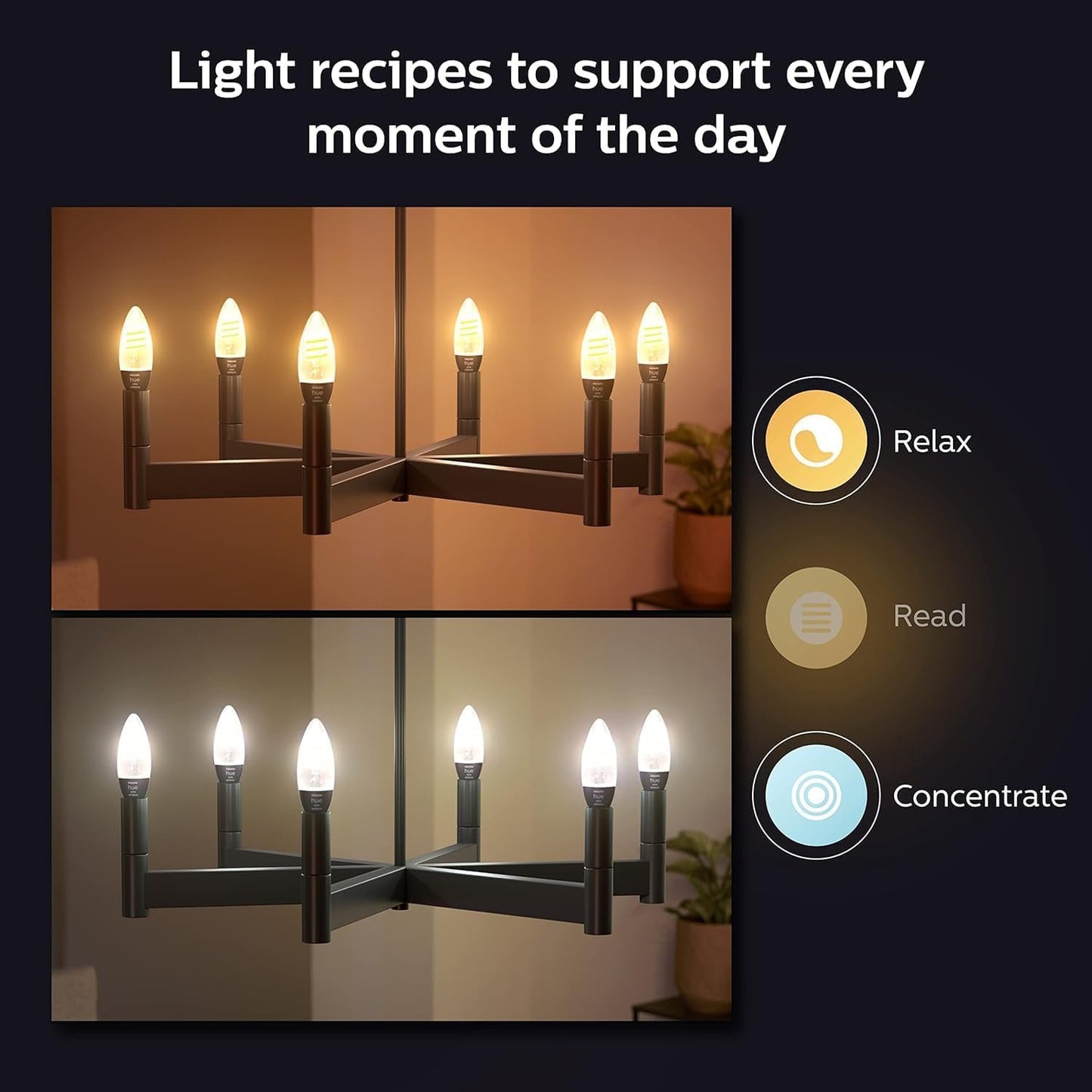 Philips Hue Smart 40W Candle-Shaped Filament LED Bulb - White Ambiance Warm-to-Cool White Light - 2 Pack - 270LM - E12 - Indoor - Control with Voice or App