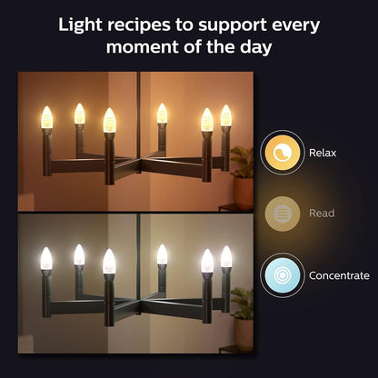 Philips Hue Smart 40W Candle-Shaped Filament LED Bulb - White Ambiance Warm-to-Cool White Light - 2 Pack - 270LM - E12 - Indoor - Control with Voice or App