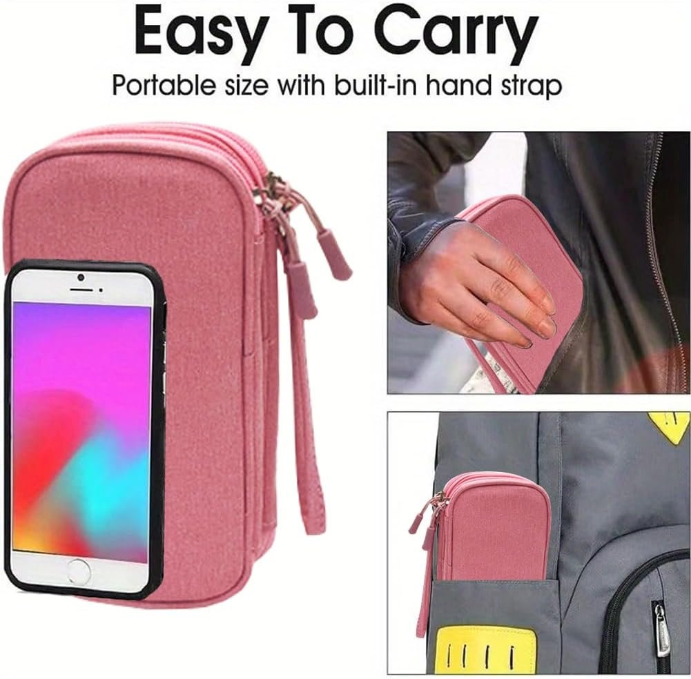 Travel Electronic Organizer Bag, 3 Compartments Portable Electronic Phone Accessories Storage Multifunctional Case for Cable, Cord, Charger, Hard Drive, Earphone(Pink)