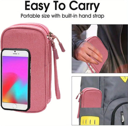 Travel Electronic Organizer Bag, 3 Compartments Portable Electronic Phone Accessories Storage Multifunctional Case for Cable, Cord, Charger, Hard Drive, Earphone(Pink)