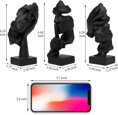 prosfalt 3 Pcs Thinker Statue, Silence is Gold Abstract Art Figurine, No Hear No See No Speak Modern Home Resin Sculptures Decorative Objects Decor for Home Office Bookshelf Desktop(Black) (A-41)
