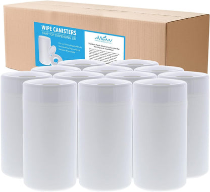 AWOW Professional DIY Empty Canisters for Wipes | Use with our 12pk Refills or Your Own Cloth | Wet Wipes or Dry Wipes, 12 pk