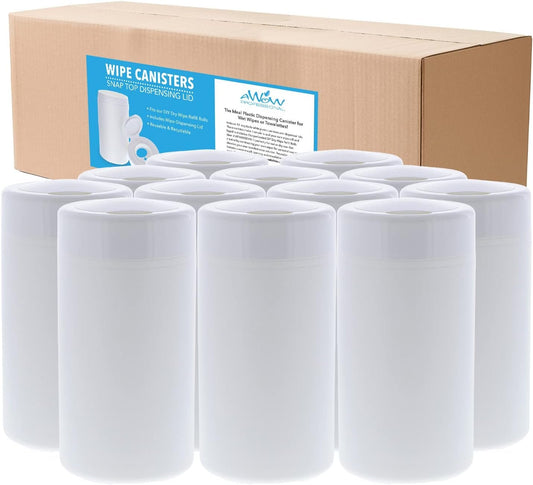AWOW Professional DIY Empty Canisters for Wipes | Use with our 12pk Refills or Your Own Cloth | Wet Wipes or Dry Wipes, 12 pk