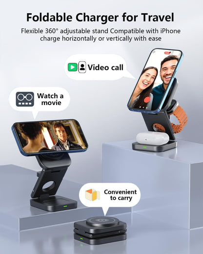 3 in 1 Wireless Charger,Magnetic Foldable Fast Wireless Charger Station Compatible with iPhone 15/14/13/12/Pro/Plus/Pro Max,5W for Apple Watch 9/8/7/6/5/4/3/2/SE/Ultra 2, AirPods 3/2/Pro (Black)