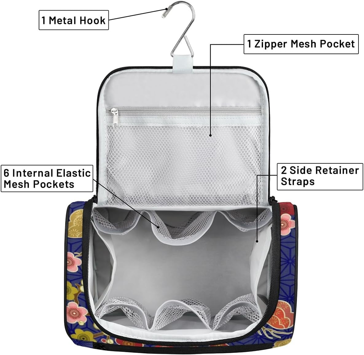 Crane Heron Japanese Pattern Travel Toiletry Bag for Men and Women Large Hanging Toiletry Organizer Waterproof Hygiene Bag with Metal Hook, Crane Heron Japanese Pattern, 10.2 x 6.5 x 9.2 inches