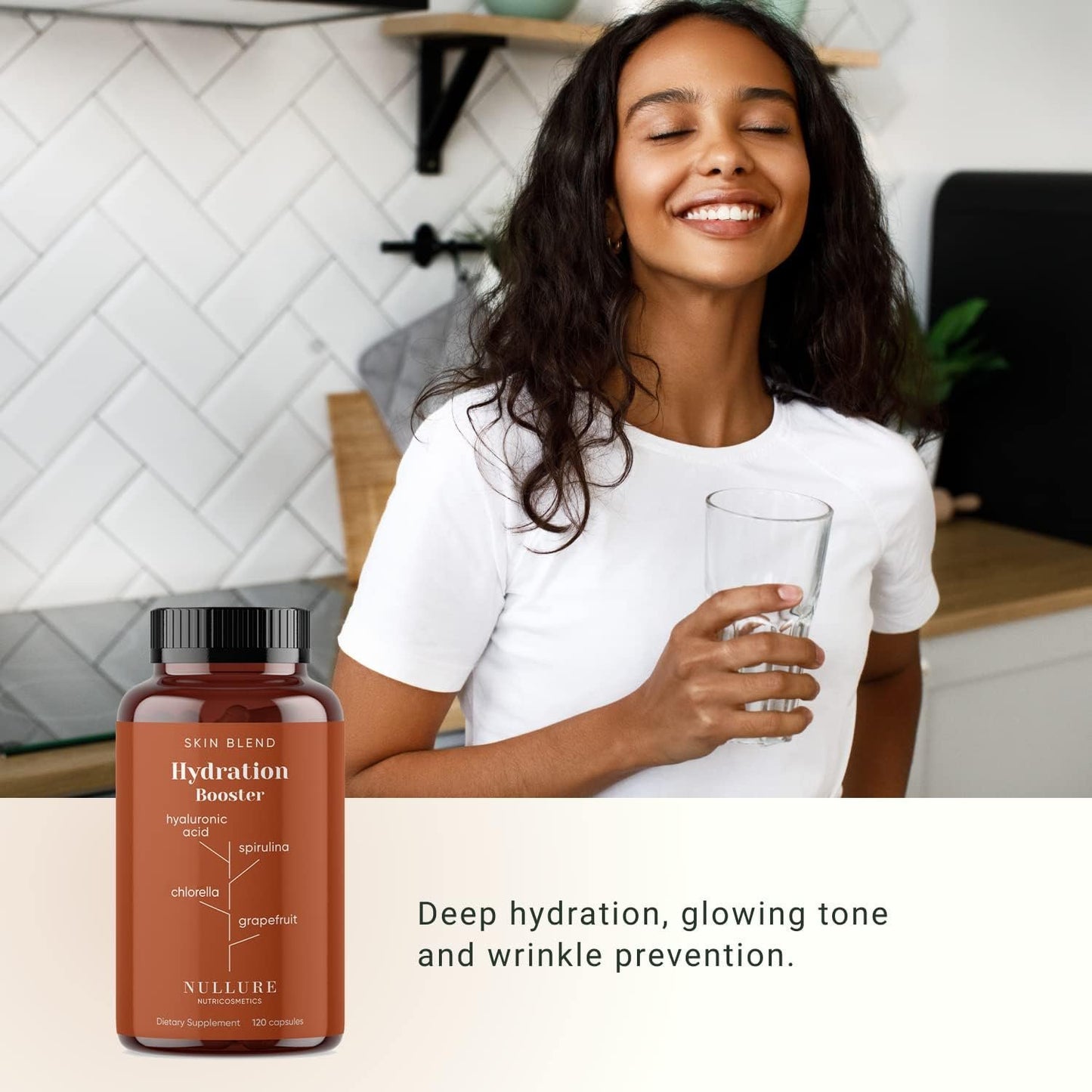 Pure Hyaluronic Acid | Natural Moisturising Supplement Nullure | Hyaluronic Acid + Spirulina + Chlorella + Vitamin B3 + Black Radish + Grapefruit | Anti-Wrinkle Prevention | 120 Capsules (2 Months)