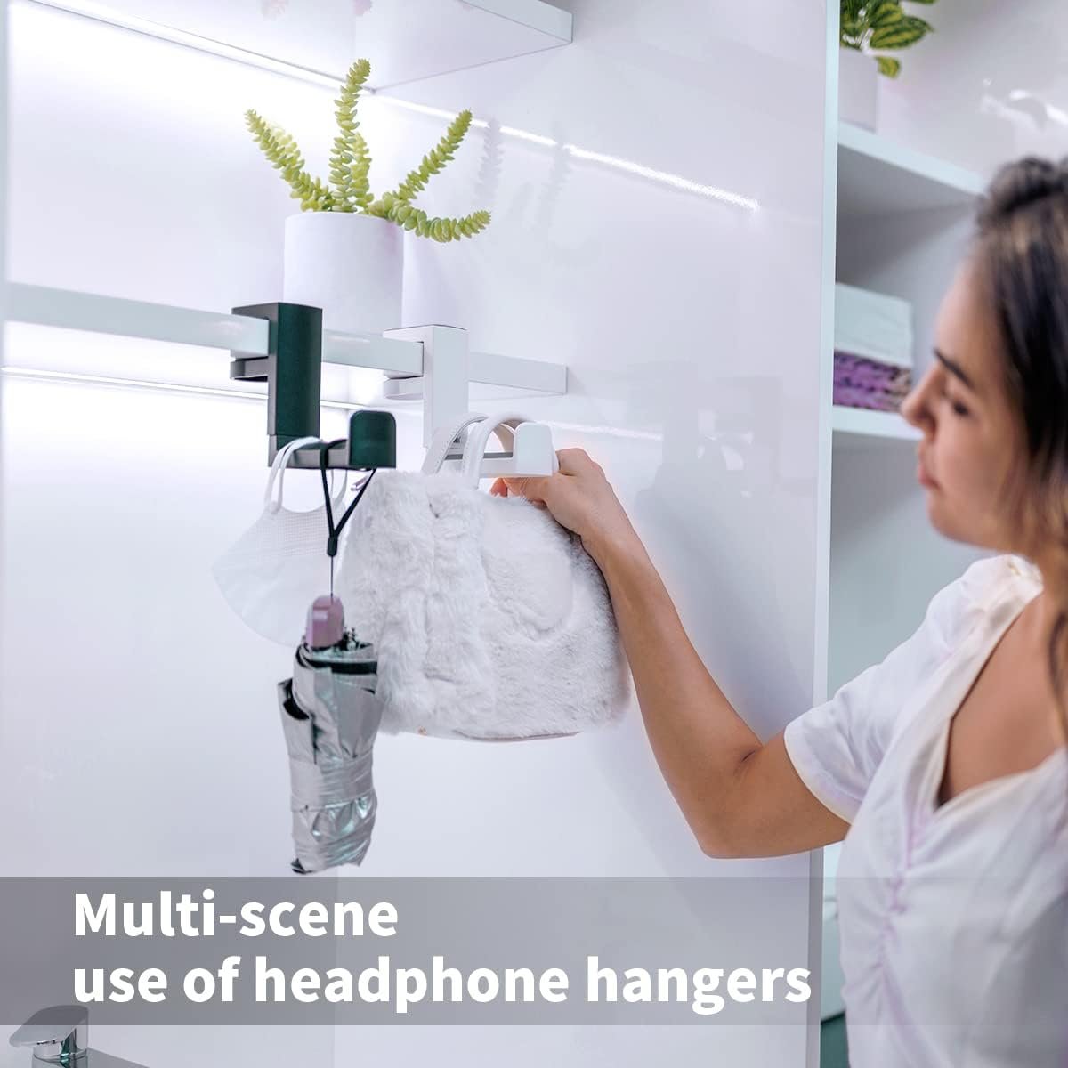 KIWIFOTOS Headphone Stand Holder Under Desk, PC Gaming Headset Hook Hanger Mount with 360 Adjustable Rotating Arm Clamp & Built in Cable Clip - White
