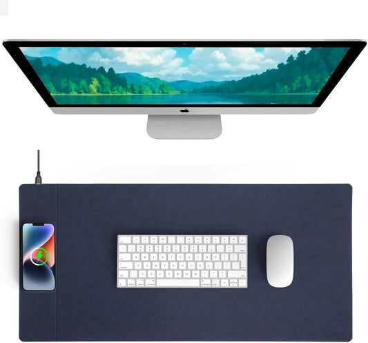 Magnetic Wireless Charging Desk Pad, Office Desk Mat with Wireless Charger, Waterproof and Scratch-Resistant Microfiber Leather Mouse Mat, Large Mouse Pad for Office and Home Use,Blue (L, L-Blue)