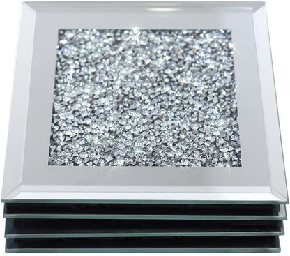 GIMORRTO Glass Mirrored Coaster 4 PC, Crushed Diamond Square Cup Mat 4" Decor on Tabletop for Bar Tools Dining Table