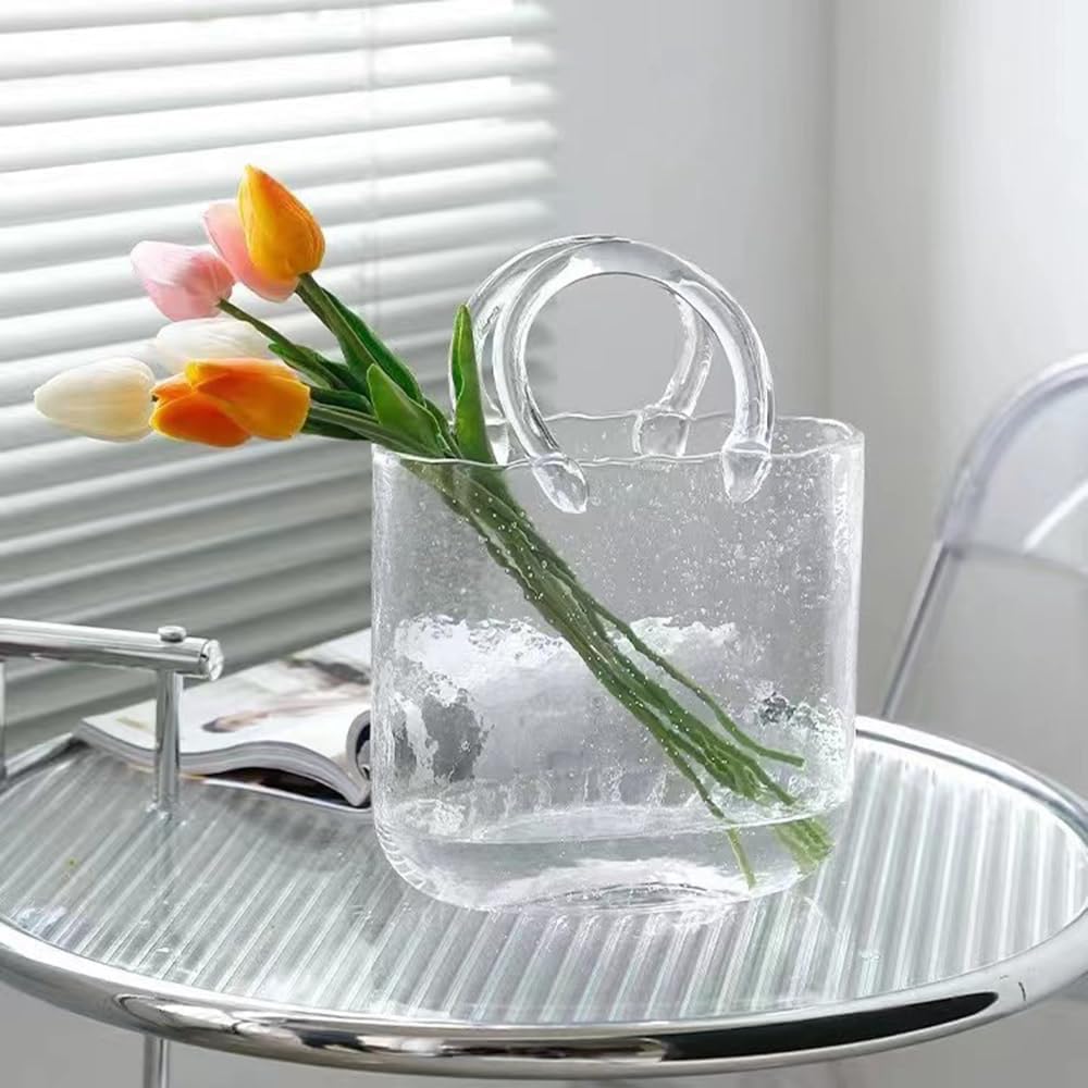 DZGUAI glass bag vase, purse vase with fish bowl, Handbag Shape flower vase - for Home Décor, enterpiece,Office, Garde (transparent)